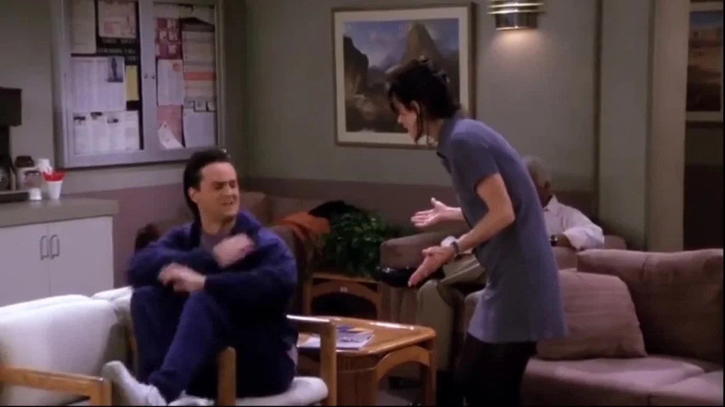 Chandler delivering his iconic parachute joke